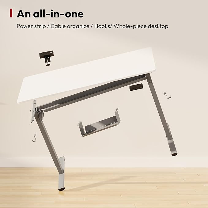 SANODESK Electric Standing Desk with Desk Clamp Power Strip 60x 24 Whole-Piece Desktop Height Adjustable Stand Up Desk with Cable Management Sit Stand Home Office Desk Silver Frame/White Top