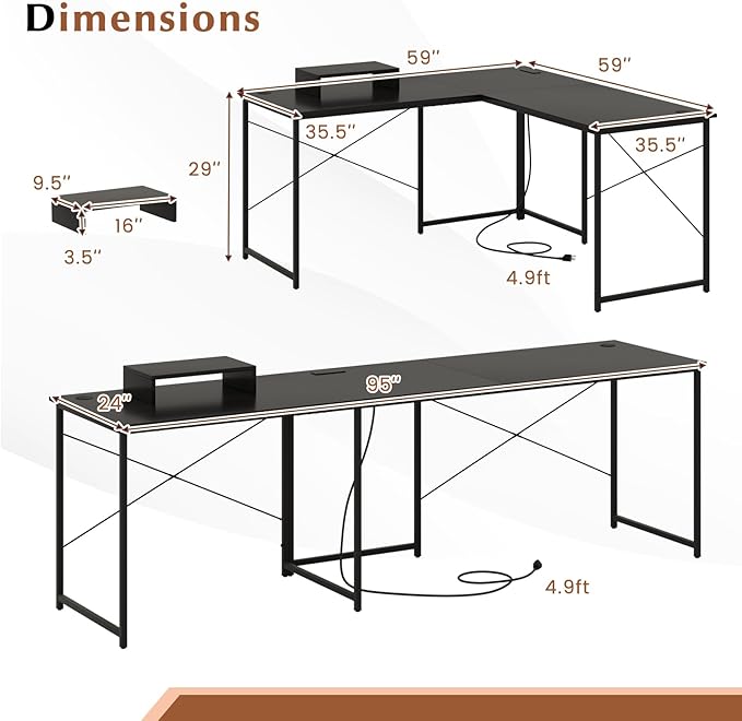 Giantex L Shaped Computer Desk 59 Inch Reversible Corner Desk with Power Outlet and USB Ports &amp Monitor Stand Wooden Writing Desk Gaming Table for Home Office Room Small Space (Black)