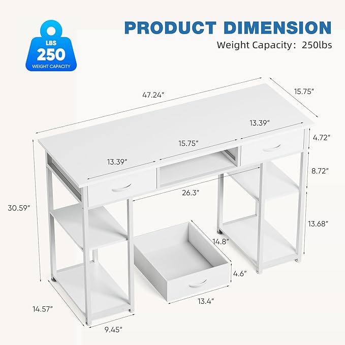 OLIXIS Computer Desk with 3 Drawers Study Writing Table with Storage Bag Headphone Hook Adjustable Feet for Home Office Small Spaces