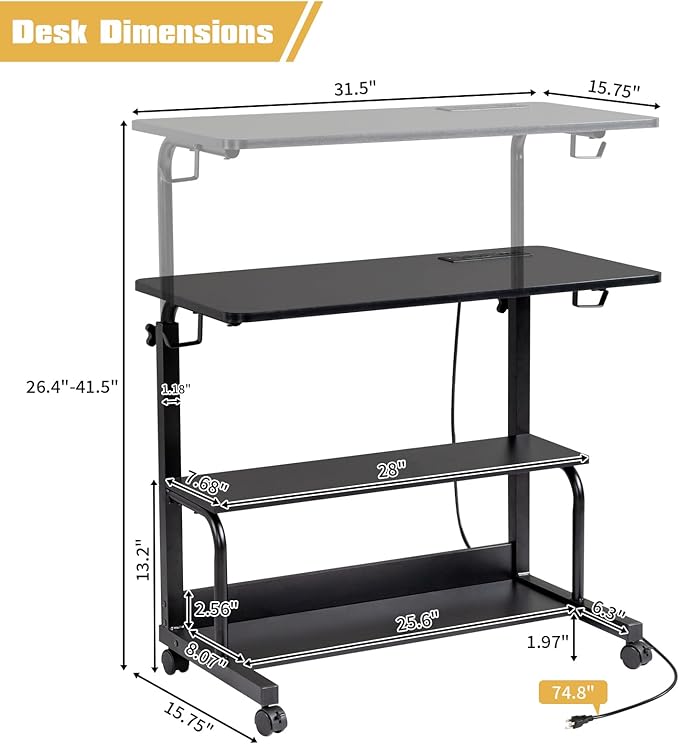 Karl home 31.5 Portable Rolling Desk on WheelsHeight Adjustable Standing Desk with 2 AC Outlets/3 USB PortsMobile Laptop Table with Hooks and Storage Shelves for Home OfficeBlack