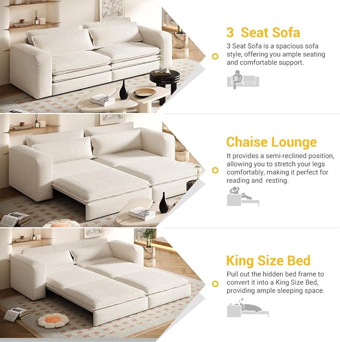 Polibi 93 King Size Convertible Sofa Bed 3-in-1 Sleeper to Recliner Wide Armrest Design with Storage Easy to Clean White