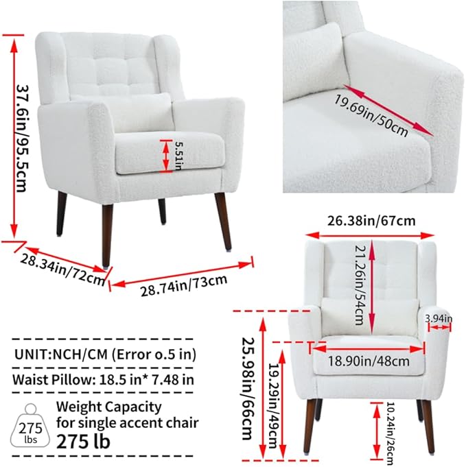 Modern Accent ChairChenille Arm Chairs for Living RoomUpholstered Mordern ArmchairComfy Soft Padded Lounge Chair in Small Space Bedroom w/Pillow Solid Wood Leg (White + Teddy)