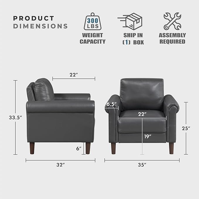 Lexicon 35 W Living Room Accent Chair Faux Leather Upholstered Armchair with Rolled Arm for Bedroom/Office/Waiting Room Single Sofa Chair Dark Gray