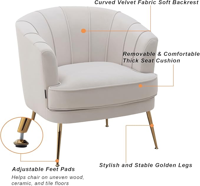 Artechworks Modern Velvet Barrel Chair Accent Armchair with Golden Legs for Living Room Bedroom Home Office Channel Tufted Back Club Chair Beige White Cream