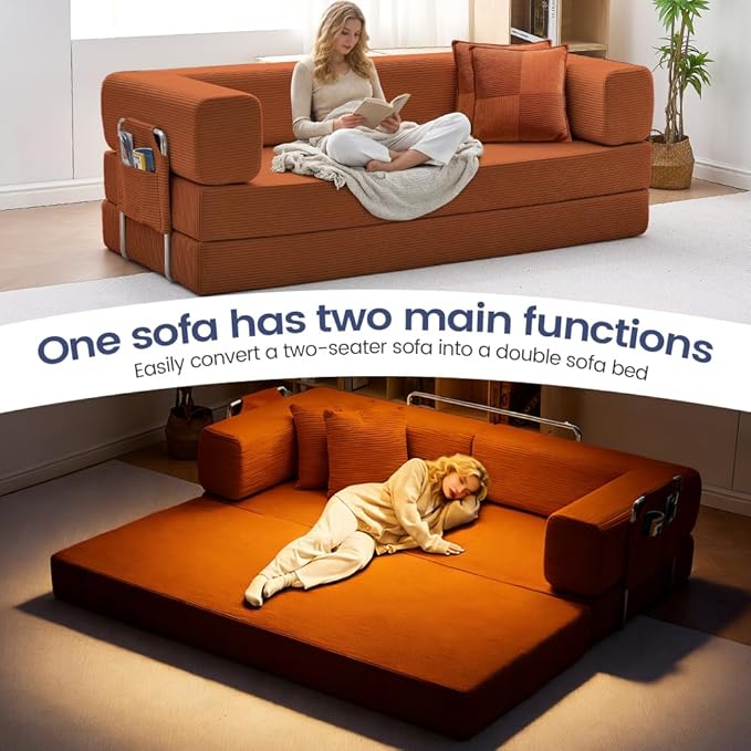 Folding Sofa Bed Convertable Corduroy Couch King Size Floor Sleeper 4-in-1 DIY Combination Modular Sofa Fold Out Futon Lounge Comfy Foldable Lazy cama for Living Room