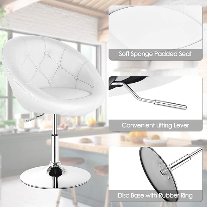 LDAILY LUARANE Modern Vanity Chair Height Adjustable PU Leather Accent Chair with Metal Frame Round Tufted Back Tilt Swivel Makeup Chair for Living Room Bedroom Lounge Pub White (1)
