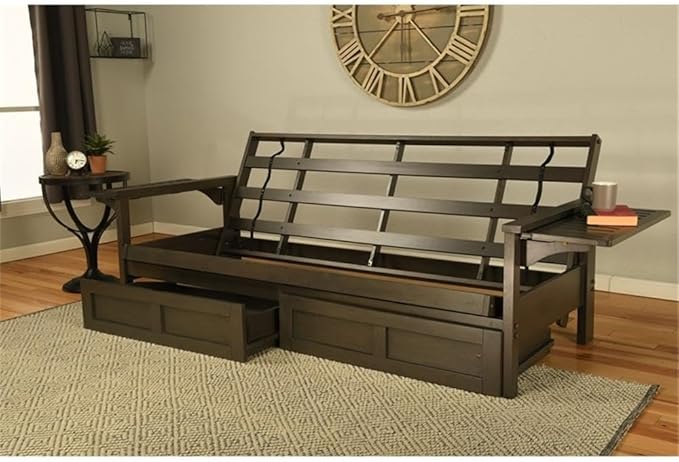 Kodiak Furniture Alamosa Full Size Futon Frame with Storage Drawers - Wood Sofa Sleeper Frame with Mattress Included in Canton Black Color