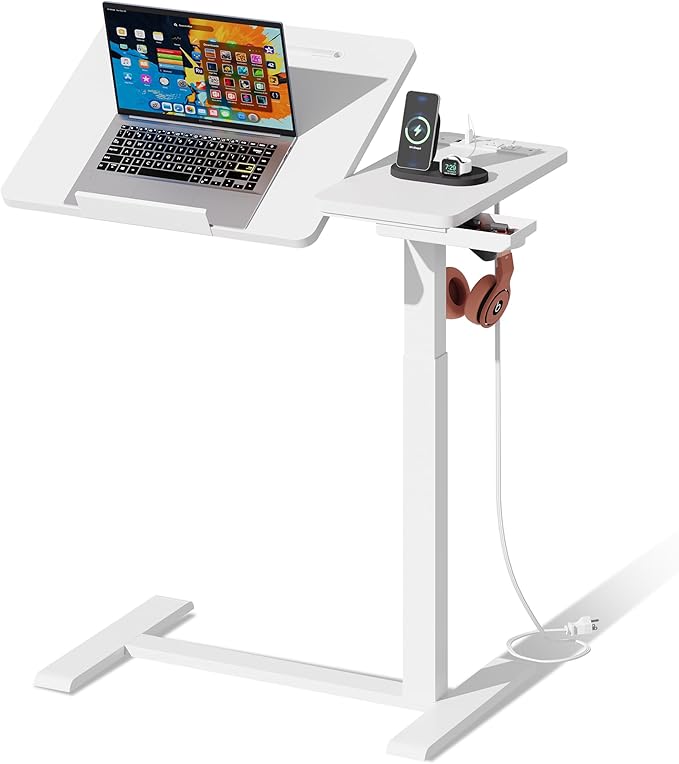 Standing Desk Medical Overbed Table with Rolling Tray and Power Outlet Dual Pneumatic Angle and Height Adjustable Desk Portable Side Table with Drawer Home &amp Hospital Use White