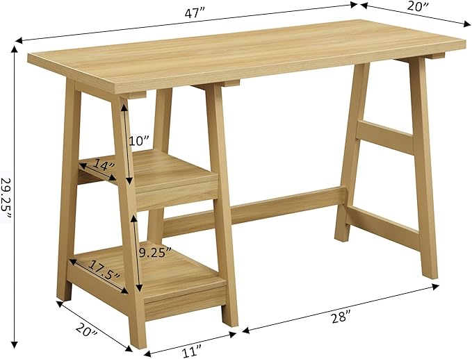 Convenience Concepts Designs2Go Trestle Desk 47 - Modern Desk or Vanity with Shelves for Office Den Dorm Living Room Light Oak