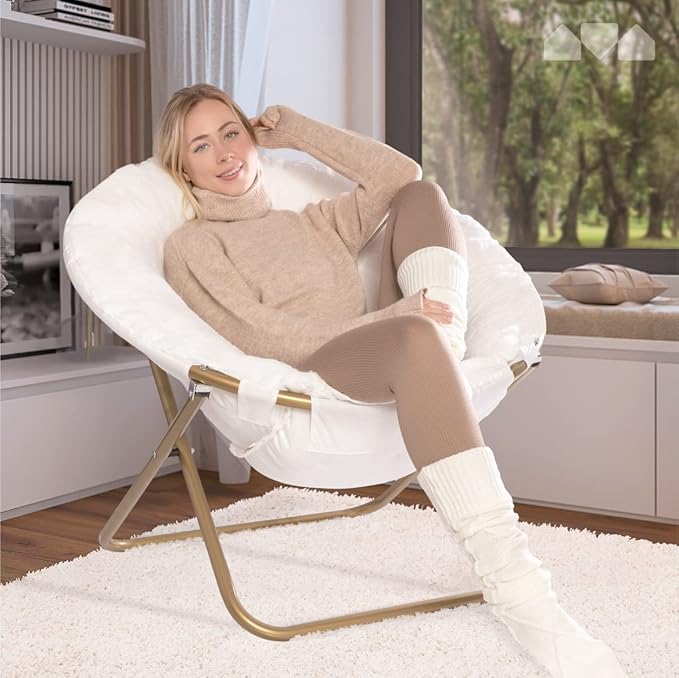 Milliard Saucer Chair For Adults Teens &amp Kids White Faux Fur XL Circle Chair for Bedroom Dorm &amp Gaming Foldable Comfy Accent Seat for Small Spaces Folding Moon / Mushroom / Round Oversiz