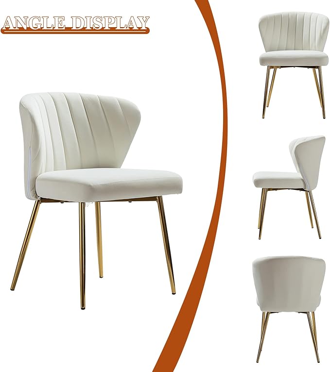 HULALA HOME Velvet Dining Chair Cute Armless Accent Chair Living Room Chair with Golden Legs Mid Century Modern Upholstered Side Chair for Kitchen Vanity Ivory