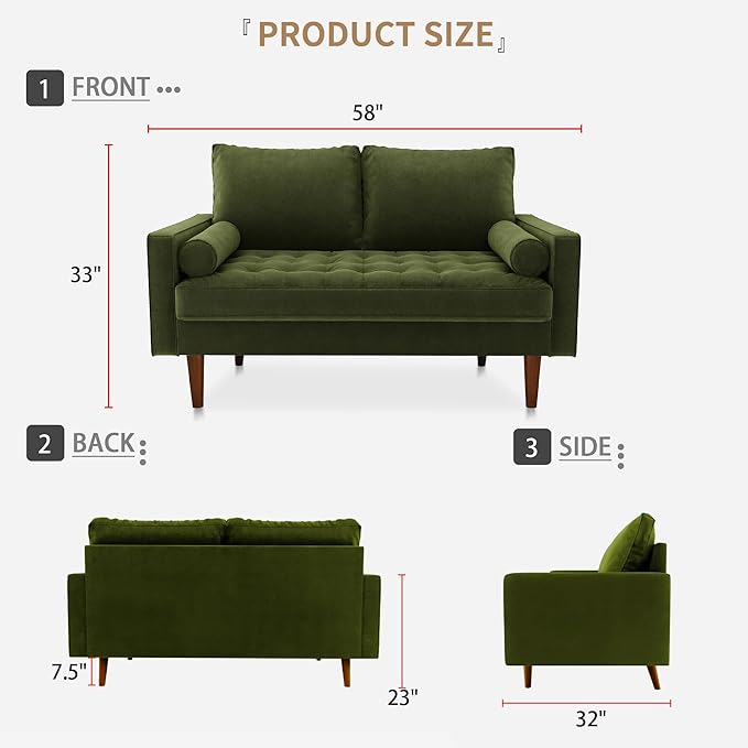 SILKIR Velvet Loveseat Sofa Love Seats Furniture for Small Spaces Mid-Century Modern Loveseats for Living Room Love Seat Couch 58 Inches Olive Green