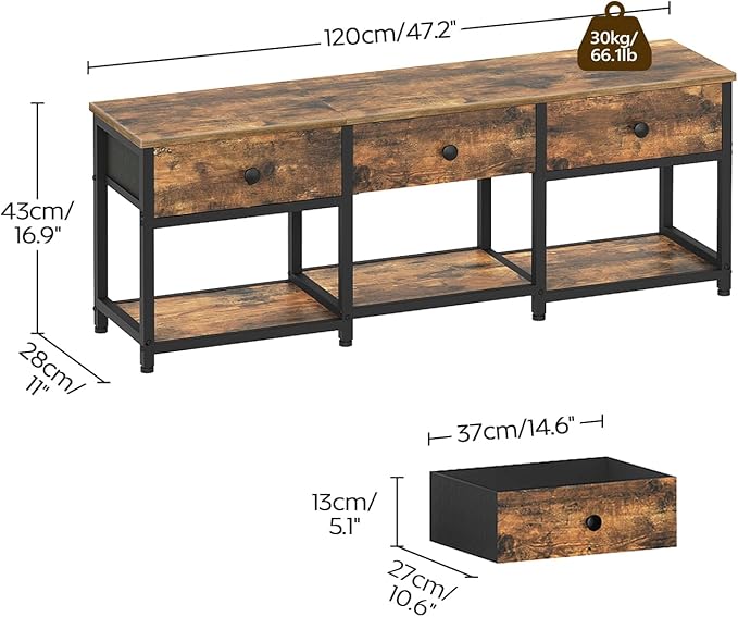 TV Stand with 3 Fabric Drawers for up to 50 Inch TV 47.2 Industrial Media Console Entertainment Center with Shelves for Living Room Bedroom Home Office Rustic Brown and Black DS12BR