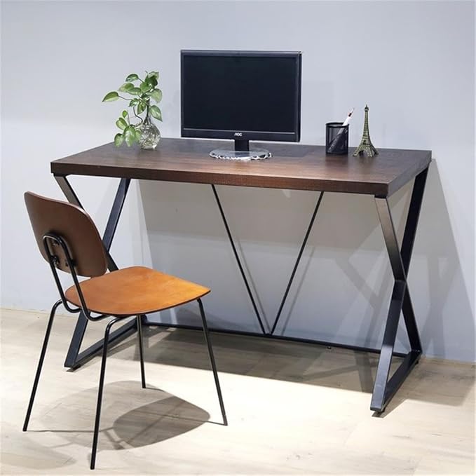 Pemberly Row Industrial Metal Computer Desk 47.25 x 23.62 x 30 in Elm Wood Grain Top Black Powder-Coated Frame Simple Clean Lines Rustic Style Home Office Desk
