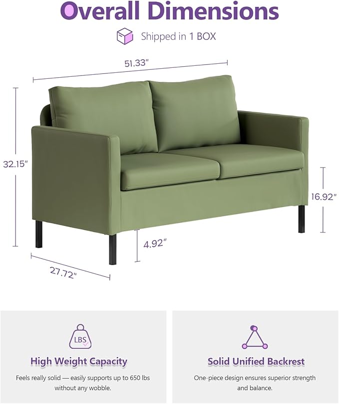 TYBOATLE Faux Leather Modern Small Couches for Small Spaces Comfy Upholstered Love Seat for Bedroom 2 Seater Mini Couch for Apartment Dorm Office Green