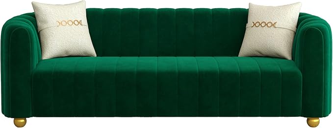 83 Green Velvet Couch Luxry Modern Sofas for Living Room Velvet Sofa 3-Seater Solid Wood Frame with Gold Metal Legs and Two Pillows Emerald Green Couch