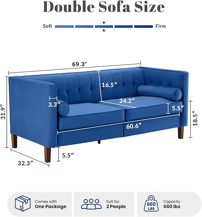 Dreamsir 58'' W Velvet Sofa Mid-Century Modern Love Seats Sofa Furniture with Two Bolster Pillows Button Tufted Couch for Living Room Easy Assembly (Loveseat Blue)