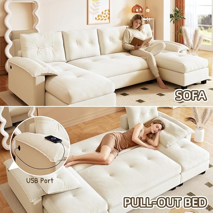 104.7 Modular Sectional Couch Convertible U Shaped Couch with Pull Out Bed Comfy Sleeper Sofa with Removable Armrests &amp USB Ports Modern Sectional Couches for Living Room Beige