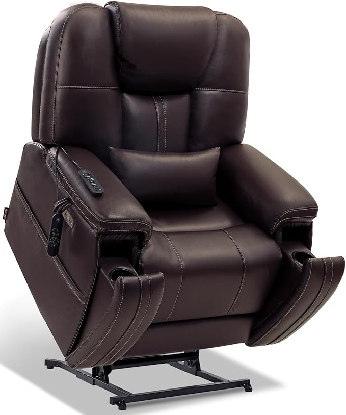 EONIX Triple Motor Lay Flat Power Lift Recliner Chair for Elderly with Adjustable Headrest 400lbs Electirc Lift Chair for Living Room Lumbar Pillow Extended Footrest Dark Brown