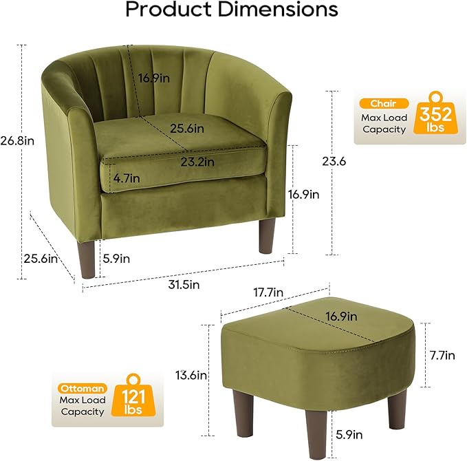 PayLessHere Accent Chair with Ottoman Cozy Velvet Armchair for Reading and Relaxing Modern Living Room Chair for Bedroom Living Room &amp Apartment (Green)