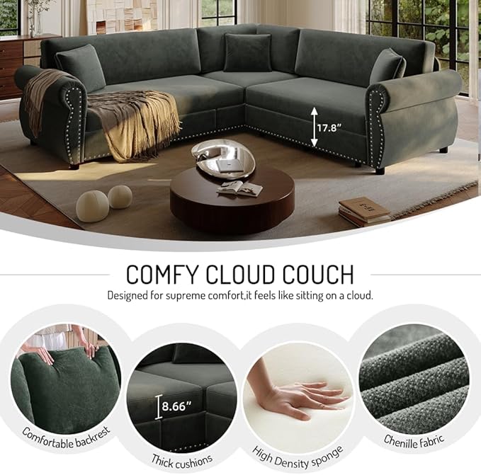 88.2'' Pull Out Couch Convertible Sleeper Sofa Bed Upholstered Sectional Sofa Chenille L-Shaped Couch with Nailhead Trim 4-Seater Modern Sectional Couches for Living Room ApartmentGreen