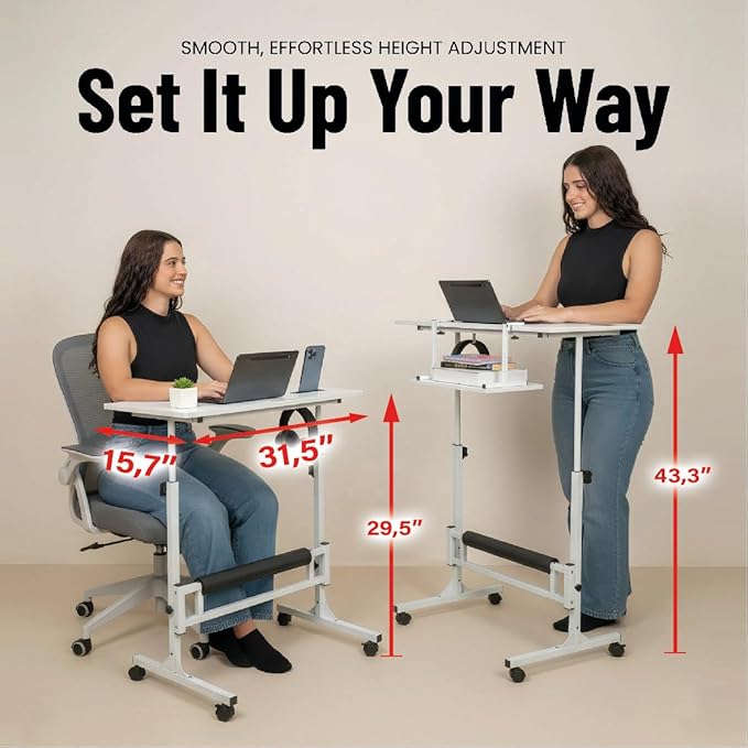 Model 2026 Adjustable Height Rolling Desk With Wheels Portable Compact Laptop Table Mobile Workstation For Study Office Small Space Standing Desk Ergonomic Writing Surface Modern Home Furniture White