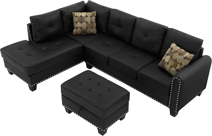 3-Piece Sectional Couch Set L Shape 98 Wide Sofa for Living Room with 2 Cup Holders and Storage Ottoman for Home Furniture Room Decor Black