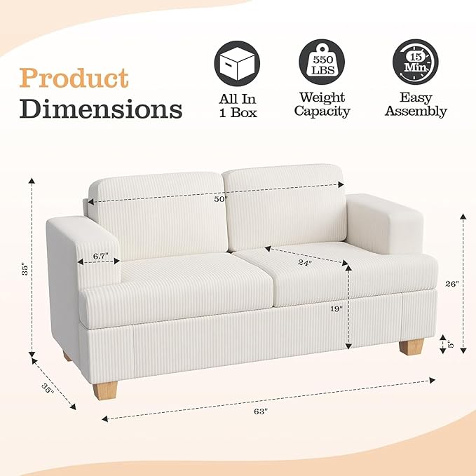 Apicizon 89'' 3-Seat Sofa Couch with Loveseat 2 Piece Comfy Sofa Sets for Living Room Modern Lounge Sofa Sleeper Couch for Apartment with Deep Seat Living Room Set White Corduroy