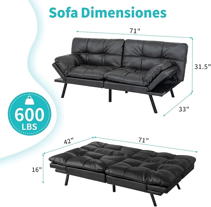 MUUEGM 71 Convertible Futon Sofa Bed Multi-Position Adjustable Back &amp Arms Space-Saving Comfortable Sleeper Couch Modern Loveseat for Urban Apartments &amp Offices – Matte Black