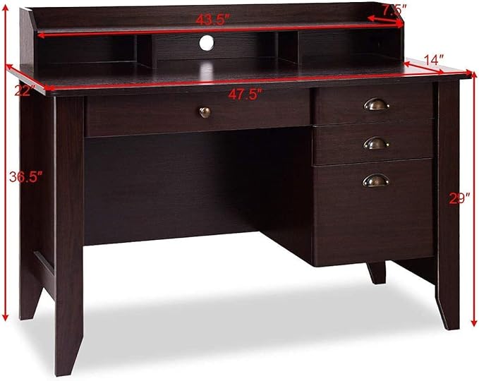 Giantex Topment Wood Computer Desk with 2 Tier Shelves Study and Writing Table with Three Side Drawers Laptop Table with a Smooth Slide-Out Long Drawer Work Station for Home &ampOffice