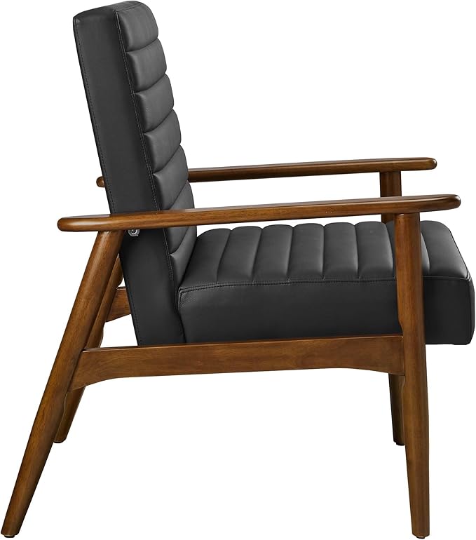Modway Jensen Vegan Leather Accent Chair in Walnut Black - Mid-Century Modern Armchair with Solid Wood Legs &amp Armrest - Upholstered Faux Leather Single Side Chair - Reading Chair for Living Room
