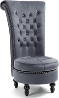 AVAWING High Back Throne Chair Velvet Royal Accent Chair Button-Tufted Armless Gothic Chair w/Storage Nailhead Trim Design &amp Rubber Wood Legs for Living Room &amp Bedroom Grey