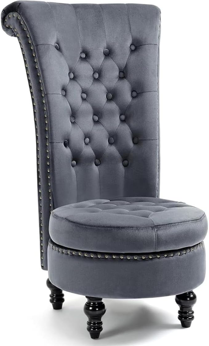 AVAWING High Back Throne Chair Velvet Royal Accent Chair Button-Tufted Armless Gothic Chair w/Storage Nailhead Trim Design &amp Rubber Wood Legs for Living Room &amp Bedroom Grey