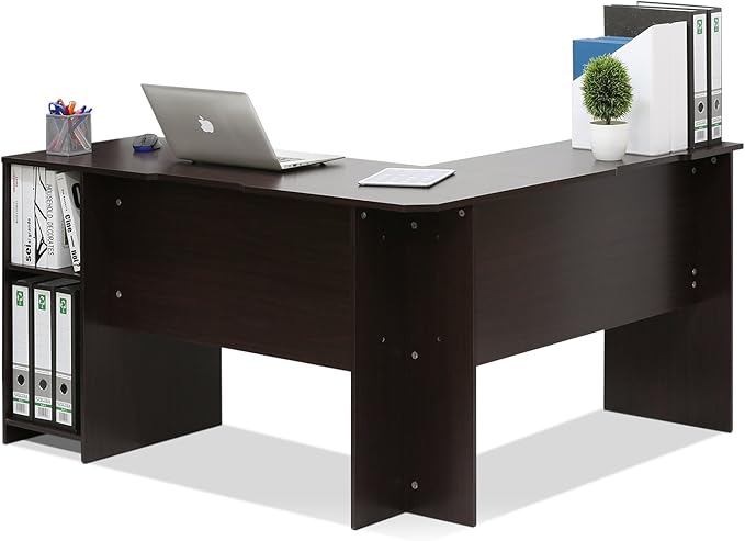 Furinno Indo L-Shaped Computer Desk with Bookshelf Espresso