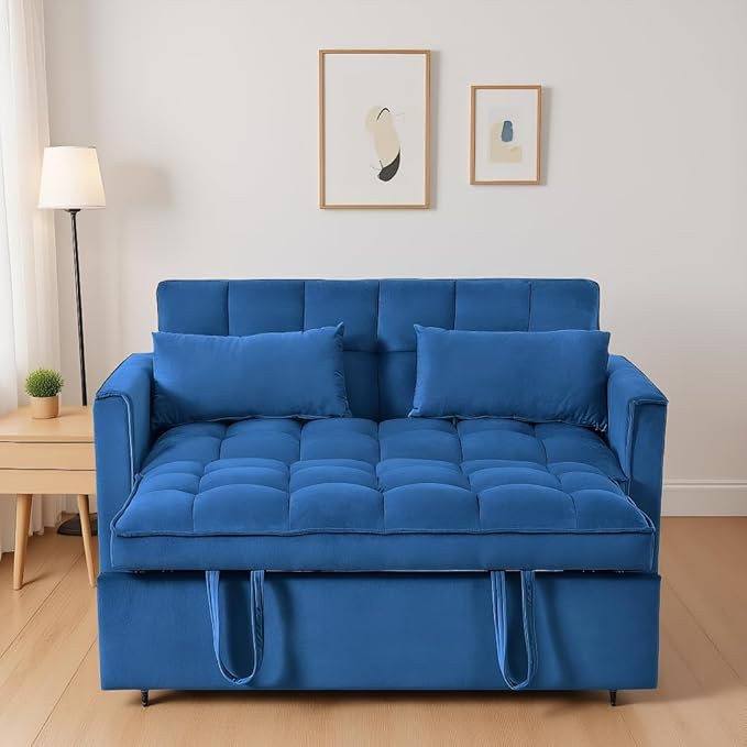 Modern Velvet Sofa Bed with 3-Level Adjustable Backrest &amp Included Pillows Pull Out Convertible Sleeper Chair with High Density Foam for Small Spaces (Blue)