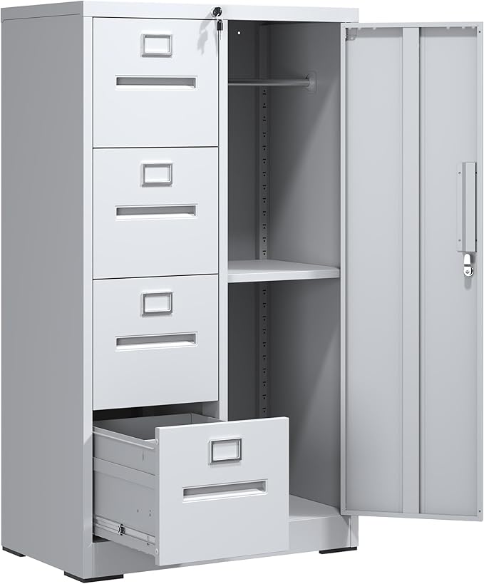 4 Drawer and 1 Door Metal File Cabinet with Lock Under Desk Locking Drawers Storage Cabinet Organizer Filing Cabinets for Home OfficeWhite-4Drawer-1Door