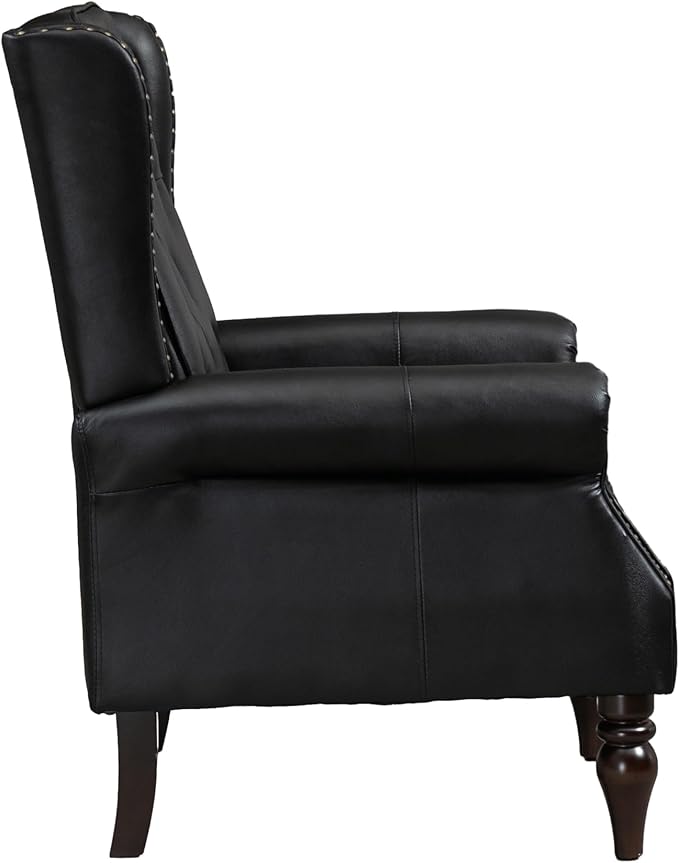 Homtique Faux Leather Accent Chair Modern Living Room Chairs Button Tufted Wingback Armchair with Wood Legs Upholstered Bedroom Chair with Rivet Decoration Leisure Reading Chair Black