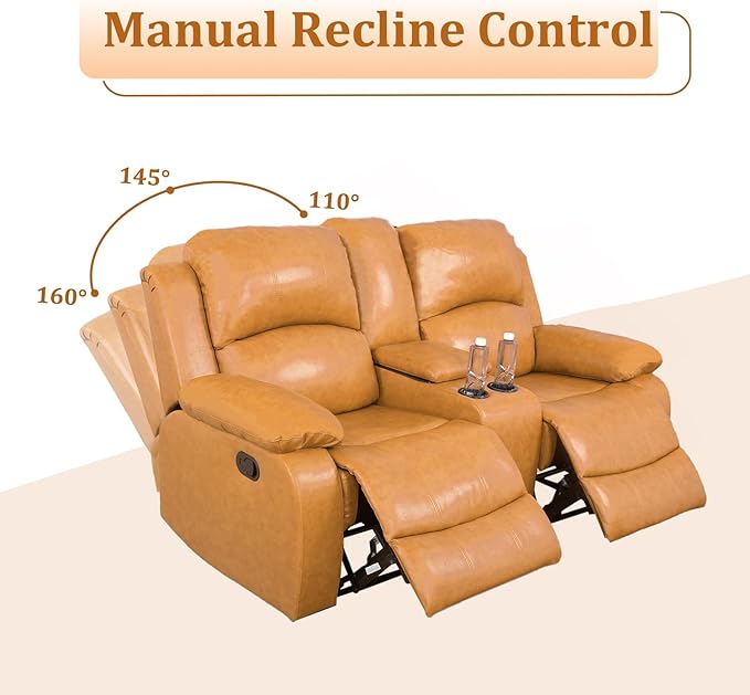 2 Seaters Recliner Loveseat Leather Reclining Couch with Cup Holder and Center Console for Living Room/Apartment/Office Ginger