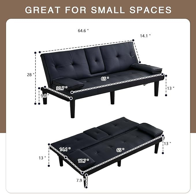 67 Futon Sofa BedConvertible Sofa Bed with 2 Cup HoldersSleeper Couch PVC Leather Removable Soft Armrest Small Couch for Living Room Apartments ﻿ (Black)