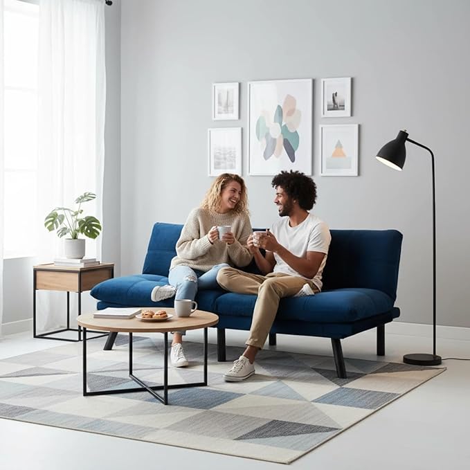 71-inch Microfiber Upholstered Futon Sofa Bed - 2 Seats Adjustable Arms/Back Iron Legs | Convertible to Sleeper for Main Living Spaces Bedrooms Offices (Navy Blue+2Seat)