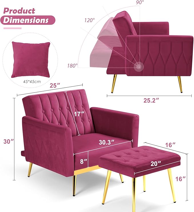 Velvet Accent Chair with Adjustable Backrest and Armrests Single Recliner Armchair with Ottoman and Golden Mental Legs for Living Room Bedroom and Waiting Room Fuchsia