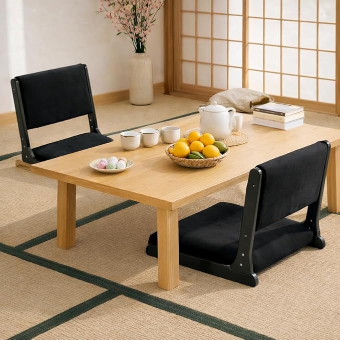 HollyHOME Foldable Tatami Chair Upholstered Japanese Style Floor Seat Wood Legless Back Rest With Cushion Accent Meditation for Bay Window Living Room Bedroom Black