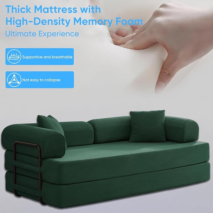 Mjkone 78.7 W Convertible Folding Mattress Couch with Armrest Corduroy Floor Sofa Bed with Metal Fixed-Shape Frame 5-in-1 DIY Futon Lazy Sofa Cama Lounge Couch for Living Room Bedroom Studio Green
