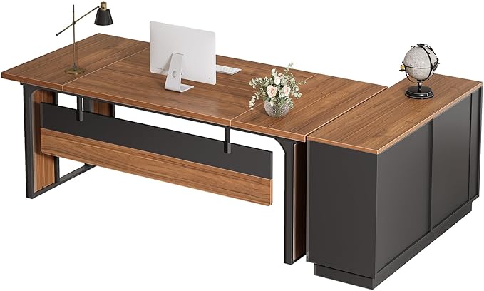 Tribesigns 63 Executive Desk Modern Office Desk with Privacy Panel &amp Metal Frame Large Computer Desk for Home Office Writing Study Workstation Business Furniture (Brown &amp Black Only Table