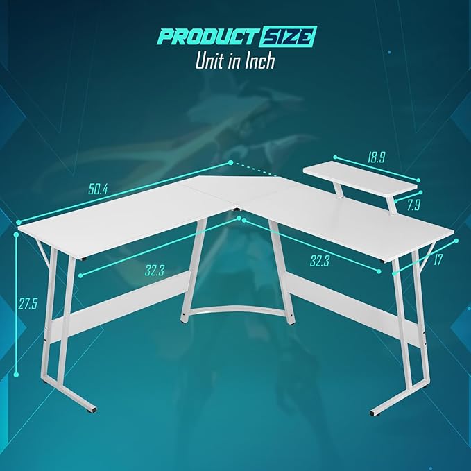 L Shaped Gaming Desk50.4 Computer Desk with Monitor Stand &amp Carbon Fiber SurfaceCorner Desk Gaming Table Home Office Study Writing WorkstationWhite