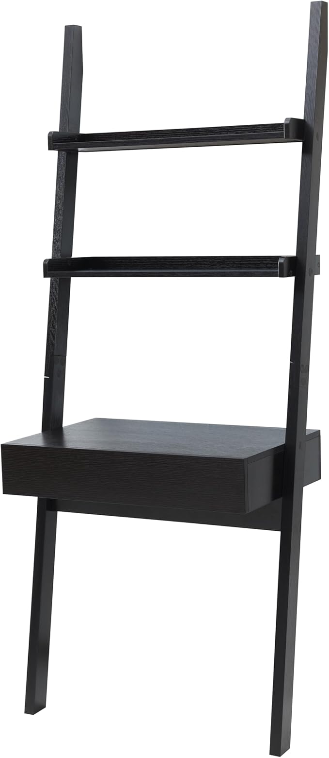 3-Tier Ladder Shelf 72-Inch Narrow Leaning Bookshelf Modern Home Office Desk Workspace Writing Table Bookcase LadderOne Drawer and Two Shelves Handleless Design