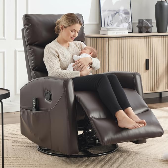 PELUMY 360° Swivel Rocker Recliner with Heat &amp Vibration Massage Glider Rocking Chair for Adults Compact Recliner for Living Room Small Spaces Nursery Bedroom (Breathable Leather Brown)