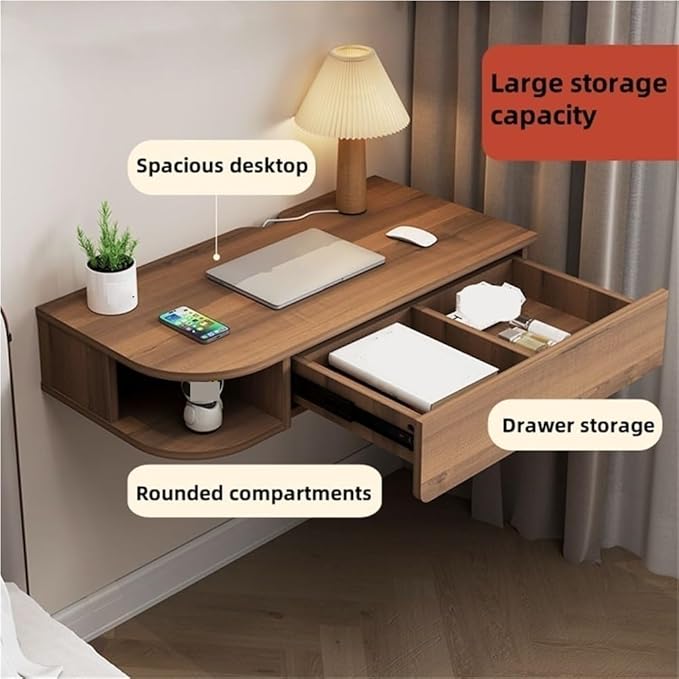 Versatile Floating Desk with Drawers Stylish Writing Study Table Wall Mounted Desk for Living Room Bedroom Home Office(Brown A6.4 * 16.1 * 47.2in)