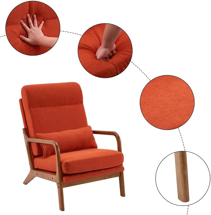 Accent Chair Modern Linen Upholstered Armchair Lounge Chair with Solid Wood Frame and 1 Pillow Comfy Single Sofa Chair Leisure Reading Chair with High Back &amp Armrest for Living Room Bedroom Ora