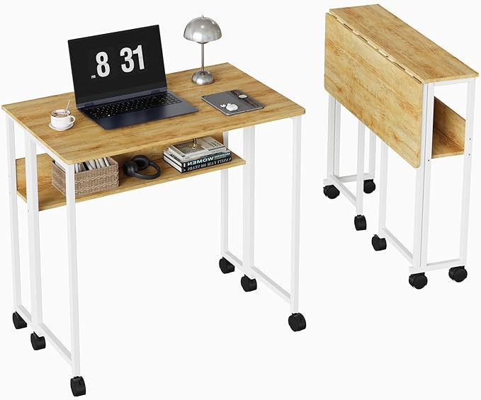 Folding Desk with Storage Shelf and Wheels Collapsible Rolling Desk Space-Saving Mobile Workstation Laptop Cart Table for Home Office Bedroom Dorm Oak